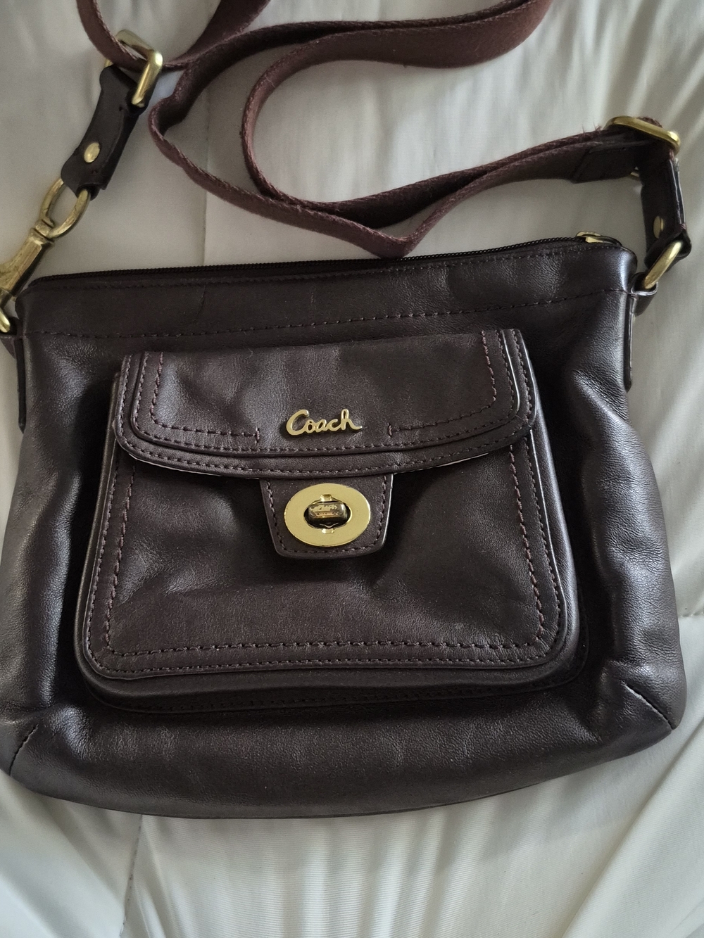 Coach Dark Brown Leather Crossbody with Gold Turnlock